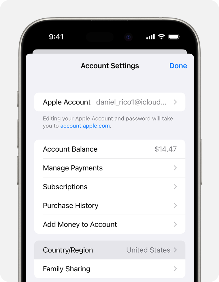 ios 18 iphone 15 pro settings apple account media and purchases view account country or region on tap